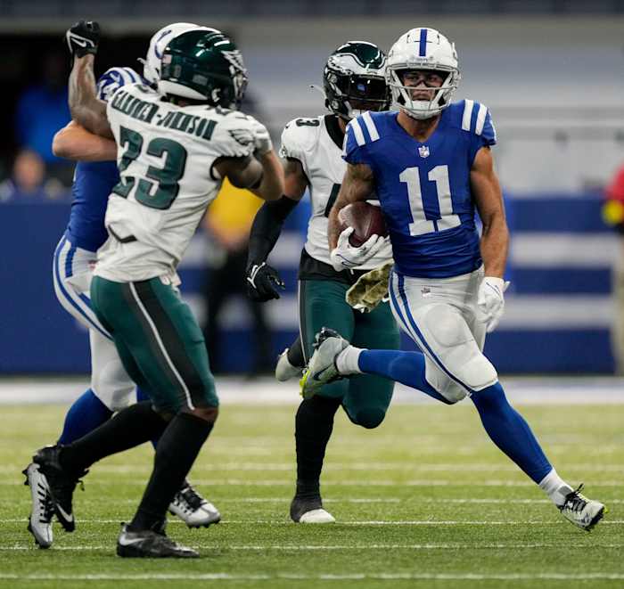 Indianapolis Colts wide receiver Michael Pittman Jr. (11) runs with the ball Sunday, Nov. 20, 2022, during a game against the Philadelphia Eagles at Lucas Oil Stadium in Indianapolis.